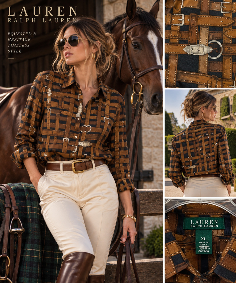 Vintage '90s Lauren Ralph Lauren XL Equestrian Harness Belt Print Cotton Blouse